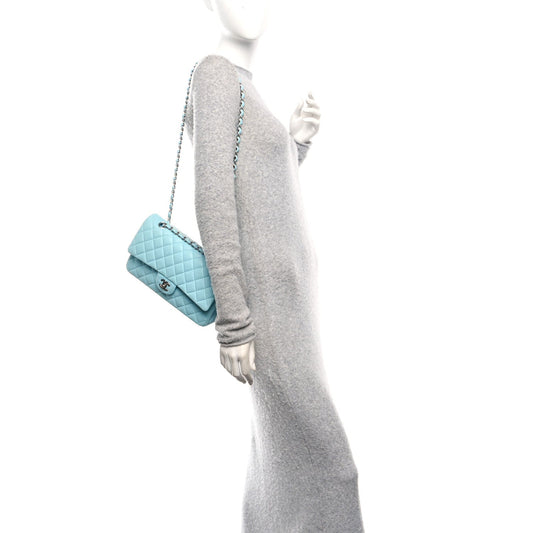 Lambskin Quilted Medium Double Flap Light Blue