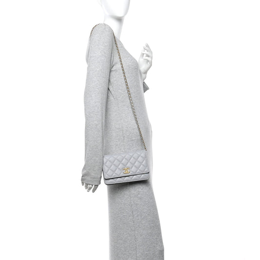 Caviar Quilted Textured CC Wallet On Chain WOC Grey