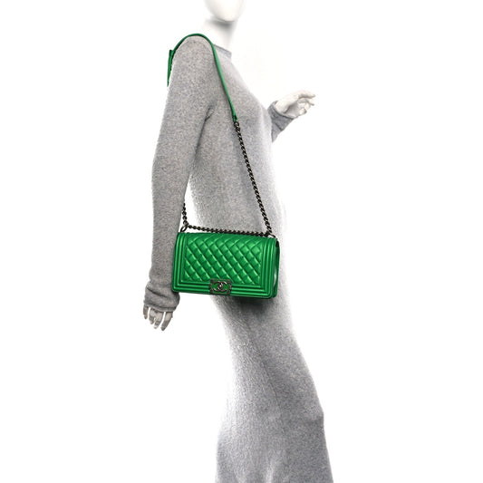 Metallic Calfskin Quilted Medium Boy Flap Green