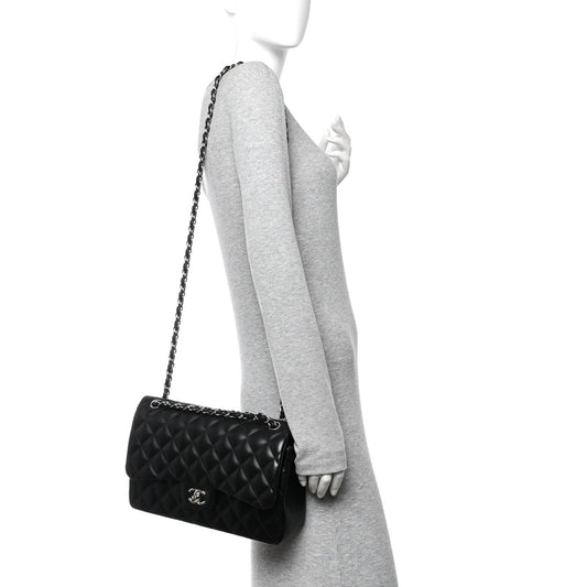Lambskin Quilted Jumbo Double Flap Black