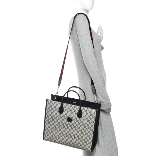 GG Supreme Monogram Azalea Calfskin Medium Retro Interlocking G Tote Bag Beige Blue