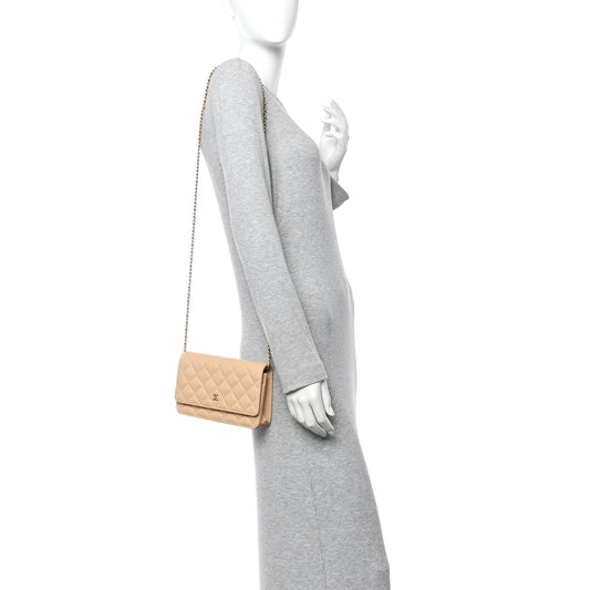 Caviar Quilted Wallet on Chain WOC Beige