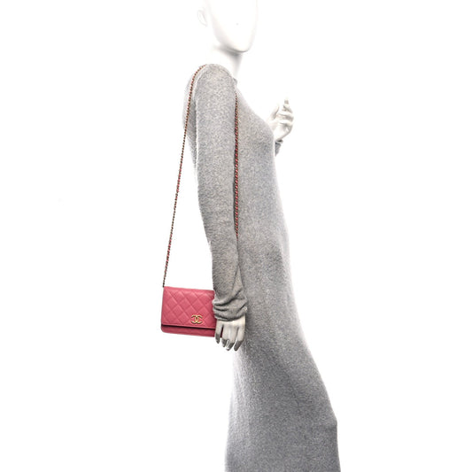 Caviar Quilted Textured CC Wallet On Chain WOC Pink