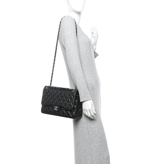 Lambskin Quilted Jumbo Double Flap Black