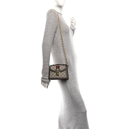GG Supreme Monogram Textured Dollar Calfskin Web Mini Ophidia Padlock Top Handle Chain Shoulder Bag Beige Ebony New Acero