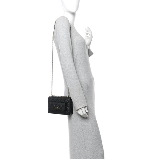 Caviar Quilted Pocket Clutch With Chain WOC Black