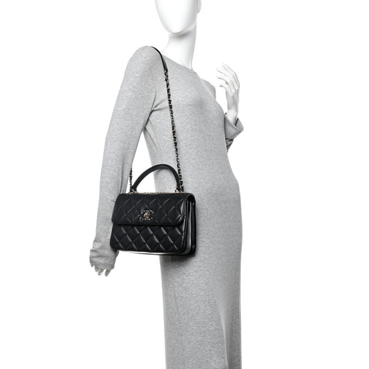 Lambskin Quilted Small Trendy CC Chain Dual Handle Flap Bag Black