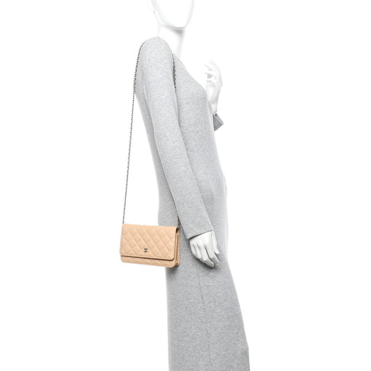 Caviar Quilted Wallet on Chain WOC Beige
