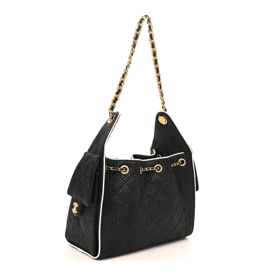 Braided Raffia Calfskin Quilted Small Chanel 25 Handbag Black White