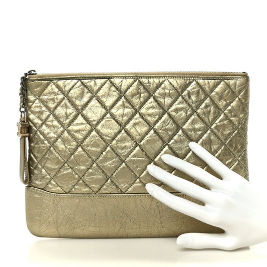 Metallic Aged Calfskin Quilted Medium Gabrielle Cosmetic Case Gold