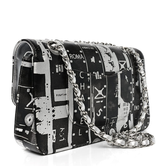 Lambskin Graffiti Printed Medium Double Flap Black Silver