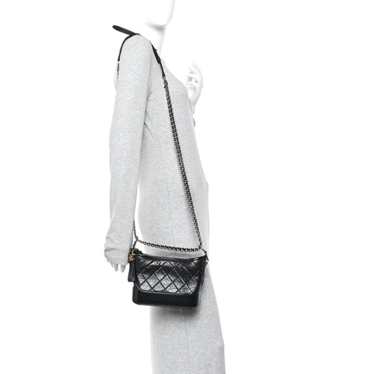 Aged Calfskin Quilted Small Gabrielle Hobo Black