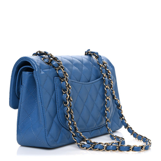 Caviar Quilted Medium Double Flap Blue