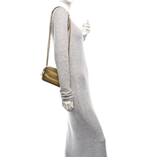 Metallic Calfskin Crocodile Embossed Small Gabrielle Clutch With Chain Gold