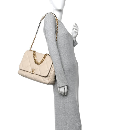 Goatskin Quilted Maxi Chanel 19 Flap Beige