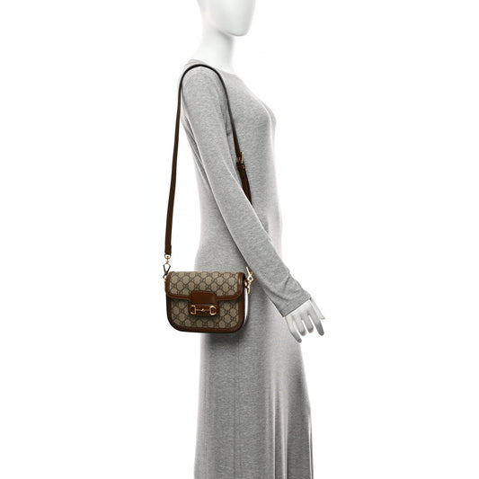 GG Supreme Monogram Web Mini Horsebit 1955 Shoulder Bag Beige Brown Sugar