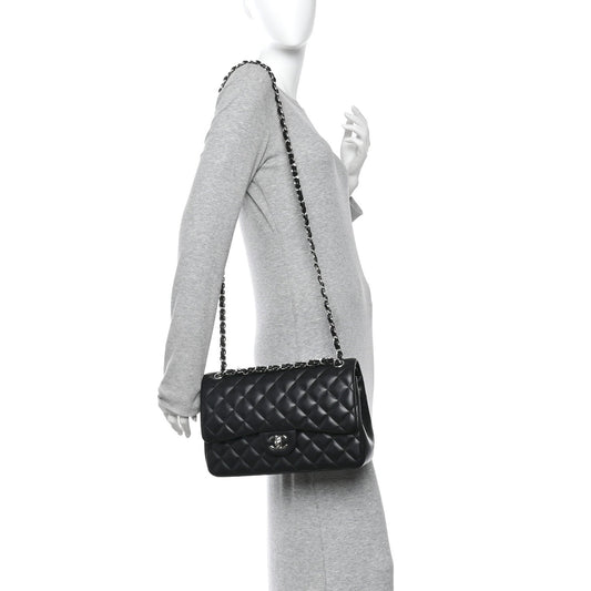 Lambskin Quilted Jumbo Double Flap Black