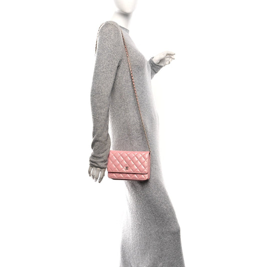 Iridescent Caviar Quilted Wallet on Chain WOC Rose Pink