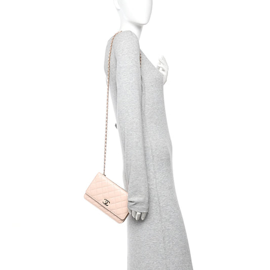 Lambskin Quilted Trendy CC Wallet On Chain WOC Light Beige