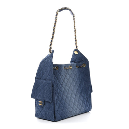 Washed Denim Quilted Medium Chanel 25 Handbag Blue