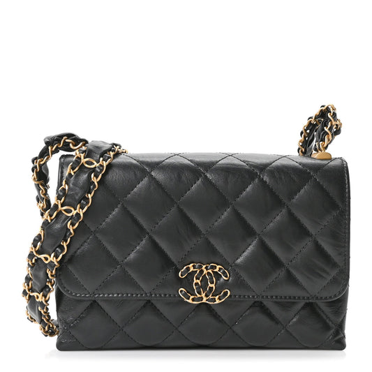 Lambskin Quilted Chanel 19 Chain Flap Wallet Black