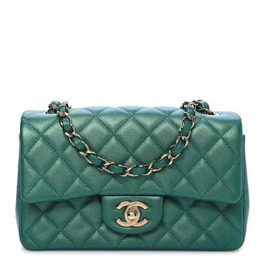 Iridescent Lambskin Quilted Mini Rectangular Flap Green