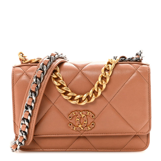 Lambskin Quilted Chanel 19 Wallet On Chain WOC Brown