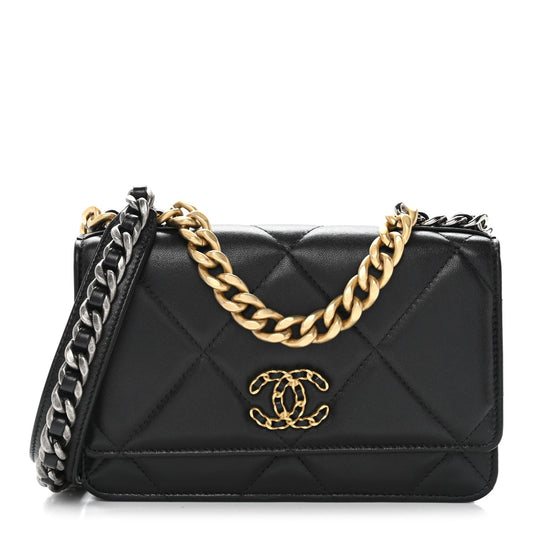 Lambskin Quilted Chanel 19 Wallet On Chain WOC Black