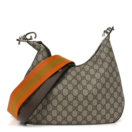 GG Supreme Monogram Textured Calfskin Web Large Attache Shoulder Bag Beige Ebony New Acero
