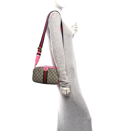 GG Supreme Monogram Textured Dollar Calfskin Web Ophidia Small Crossbody Bag Beige Ebony Fuchsia