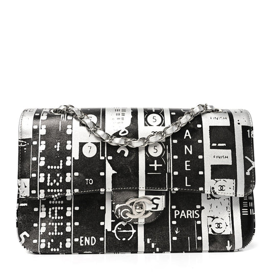Lambskin Graffiti Printed Medium Double Flap Black Silver