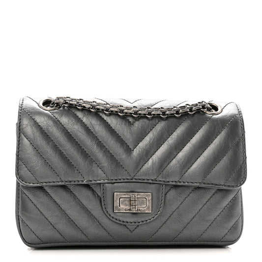 Metallic Aged Calfskin Chevron Quilted 2.55 Reissue Mini Flap Grey