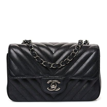 Metallic Caviar Chevron Quilted Mini Rectangular Flap Black