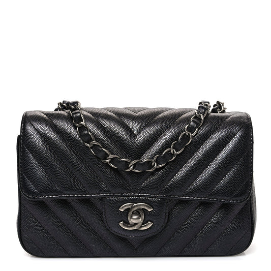 Metallic Caviar Chevron Quilted Mini Rectangular Flap Black