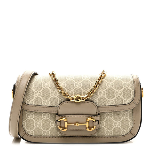 GG Supreme Monogram Small Horsebit 1955 Chain Shoulder Bag Beige Mystic White