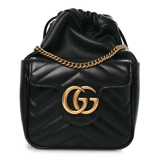 Calfskin Matelasse Front Pocket Mini GG Marmont Bucket Bag Black