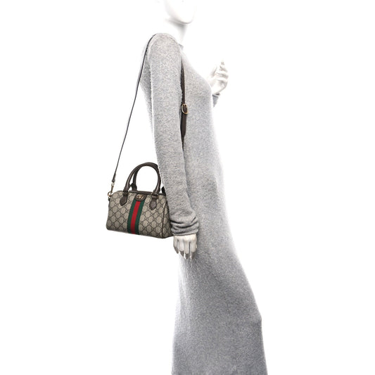 GG Supreme Monogram Textured Dollar Calfskin Web Mini Ophidia Top Handle Bowler Bag Beige Ebony New Acero
