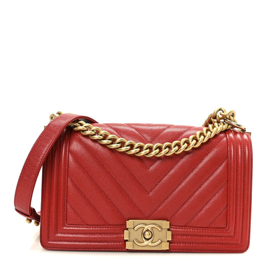 Caviar Chevron Quilted Medium Boy Flap Red