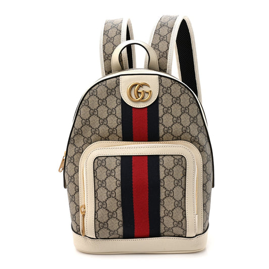 GG Supreme Monogram Textured Calfskin Web Small Ophidia Day Backpack Beige Ebony Mystic White