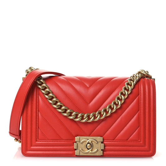 Calfskin Chevron Quilted Medium Boy Flap Red