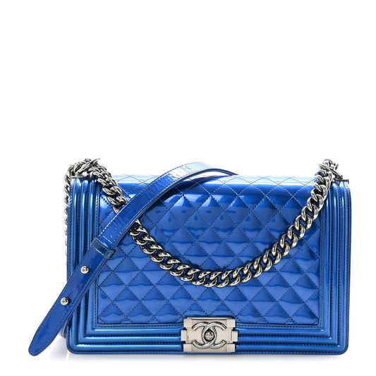 Metallic Patent Quilted New Medium Boy Flap Blue