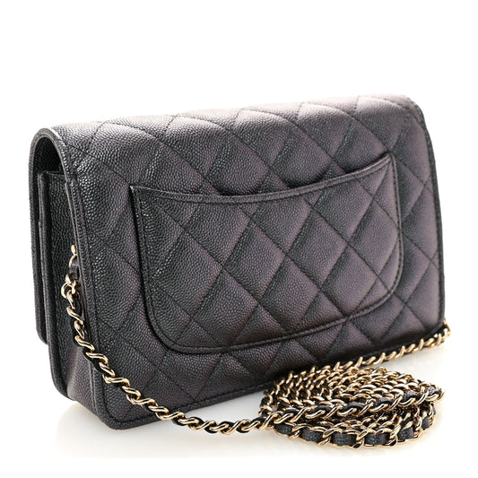 Iridescent Caviar Quilted Wallet On Chain WOC Green