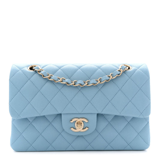 Caviar Quilted Small Double Flap Light Blue