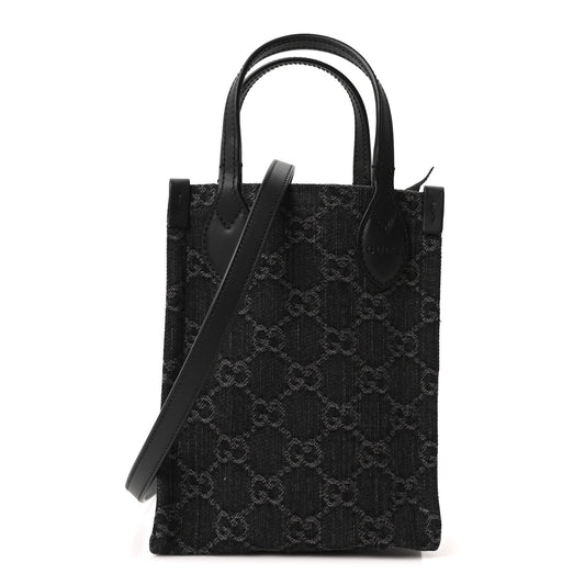 Denim GG Monogram Calfskin Mini Ophidia Tote Bag Black
