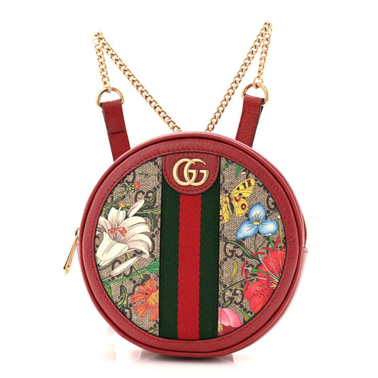 GG Supreme Monogram Web Flora Mini Ophidia Round Backpack Red