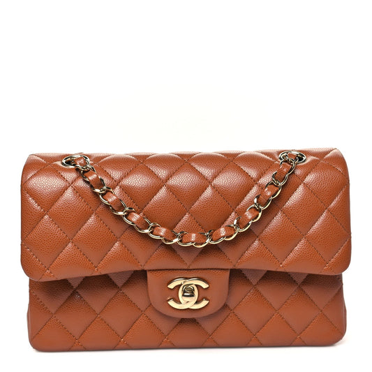 Caviar Quilted Small Double Flap Light Brown