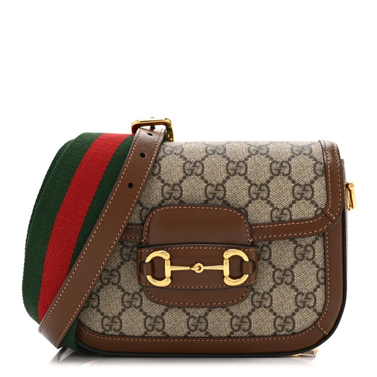GG Supreme Monogram Web Mini Horsebit 1955 Shoulder Bag Beige Brown Sugar