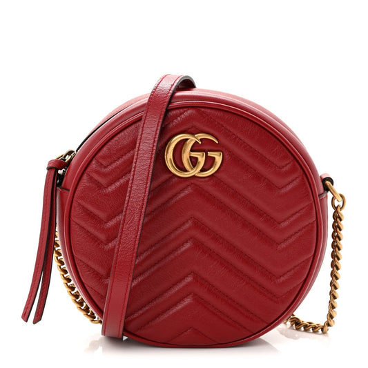 Glazed Calfskin Matelasse Heart Mini GG Marmont Round Shoulder Bag Romantic Cerise