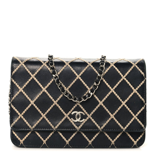 Calfskin Diamond Stitch Wallet On Chain WOC Black