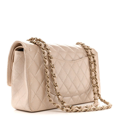Pearly Caviar Quilted Medium Double Flap Light Beige